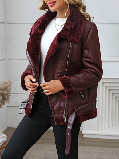 FTLZZ Winter Women Faux Fur Leather Jacket High Street Motorcycle Outwear Casual Lady Thick Warm Leather Jacket