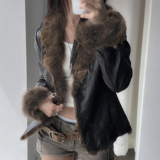 American 2024 Winter New Fur Collar Spliced Leather Jacket Street Hot Girl Fashion Slim and Warm Jacket