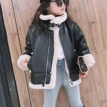 2024 Girls  Jacket  Leather Motorcycle  Kids Coats Fleece   Children  Jacket  Winter Autumn