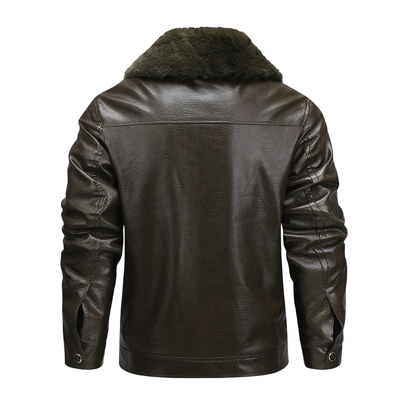 Fur Collar Men Faux Leather Jacket Winter Fleece Lined Biker Jackets Fashion Motorcycle Leather Coat Outwear Casual Streetwear