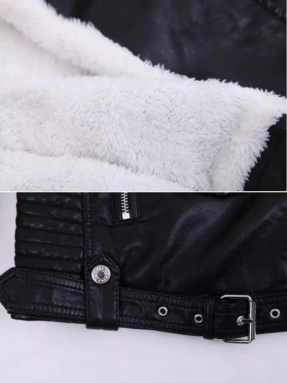 2026 Hot Fashion Women New Winter Warm Faux Leather Jackets with Fur Collar Belt Ladies Thick Black Moto & Biker Outerwear Coats