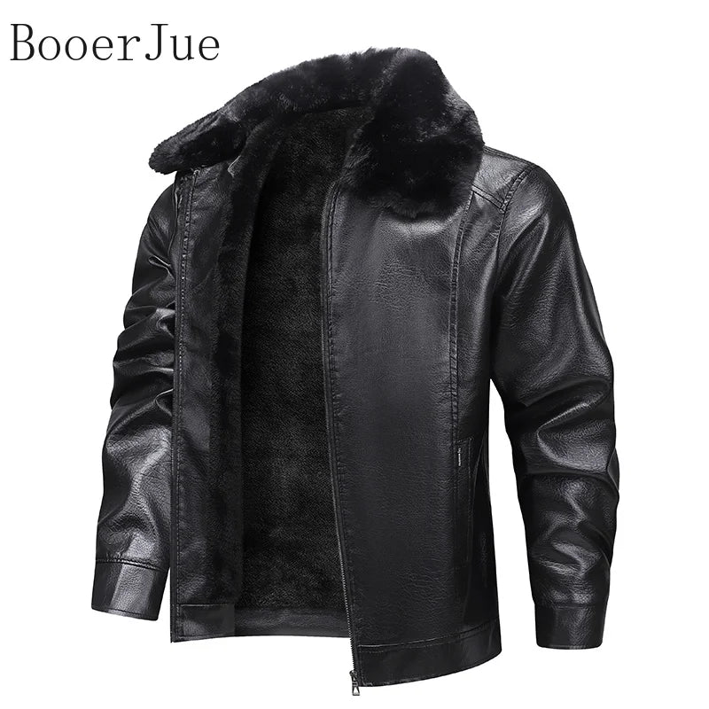 Motorcycle Leather Coat Outwear Casual Streetwear Fur Collar Men Faux Leather Jacket Winter Fleece Lined Biker Jackets Fashion