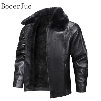 Motorcycle Leather Coat Outwear Casual Streetwear Fur Collar Men Faux Leather Jacket Winter Fleece Lined Biker Jackets Fashion