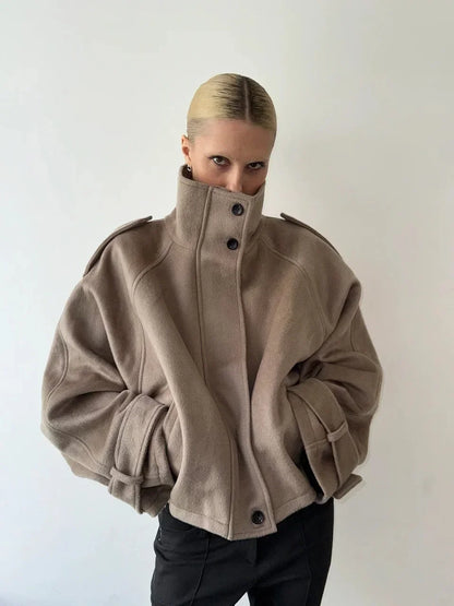 Faux Fur Jackets Women Loose High Neck Long Sleeves Zipper Coats Female 2025 Autumn Winter Chic Fashion Solid Warm Outwears