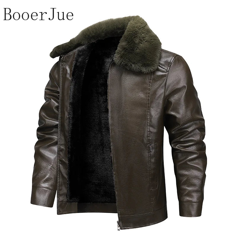Motorcycle Leather Coat Outwear Casual Streetwear Fur Collar Men Faux Leather Jacket Winter Fleece Lined Biker Jackets Fashion
