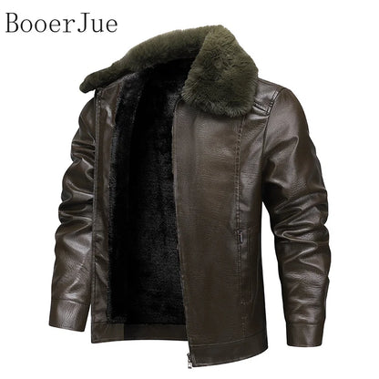 Motorcycle Leather Coat Outwear Casual Streetwear Fur Collar Men Faux Leather Jacket Winter Fleece Lined Biker Jackets Fashion