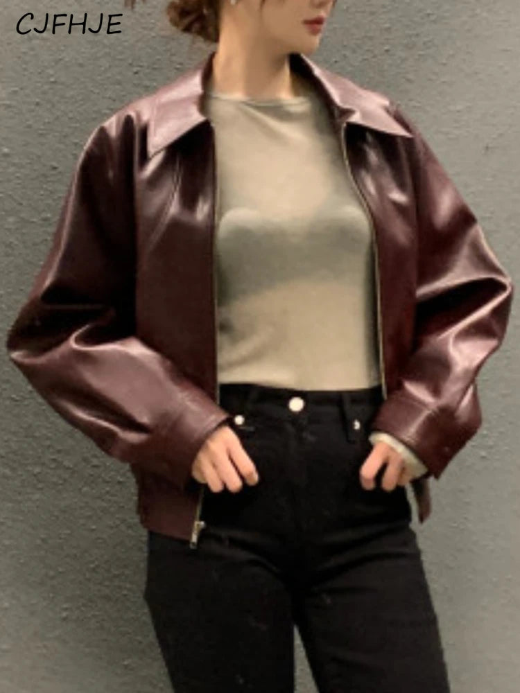 CJFHJE Fashion Trench Leather Jackets Women Streetwear Moto Biker Zipper Leather Jacket Casual High Street Cropped Leather Coats