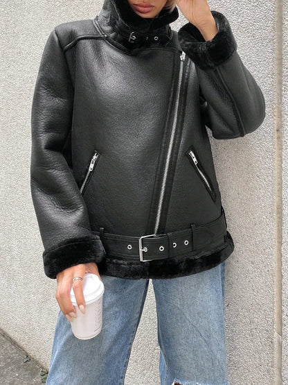 FTLZZ Winter Women Faux Fur Leather Jacket High Street Motorcycle Outwear Casual Lady Thick Warm Leather Jacket
