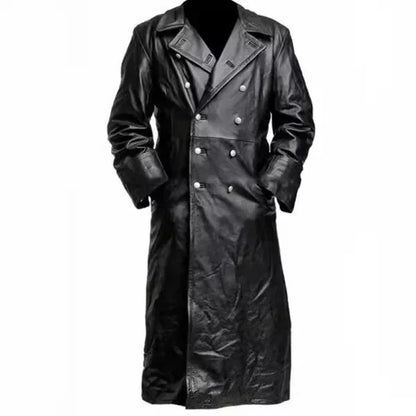 Men Faux Leather Coats Pu Long Coat Splice Double Breasted Turn Down Collar Slim Fit Thick Casual Jackets Autumn Winter
