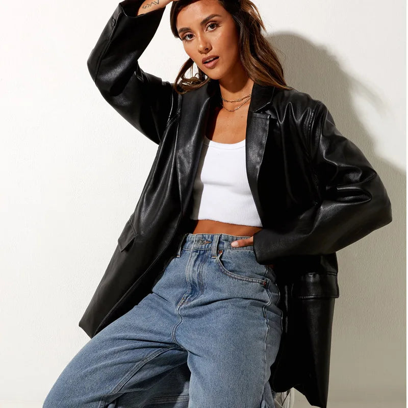 Women's Leather Jacket Autumn and Winter New Leather Coat Casual Warm Blazer Jacket for Women