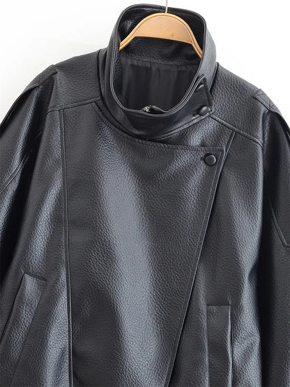 Women's Jacket 2026 Autunm  New Black Long Sleeve Pebble Faux Leather Jacket Motorcycle Style Personality Fashion