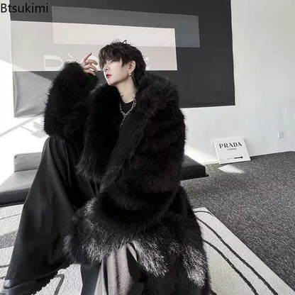 Faux Fur Coats Men's Casual Hooded Jackets Solid Round Neck Full Sleeve Longline Loose Fit Autumn and Winter Thick Warm Jackets