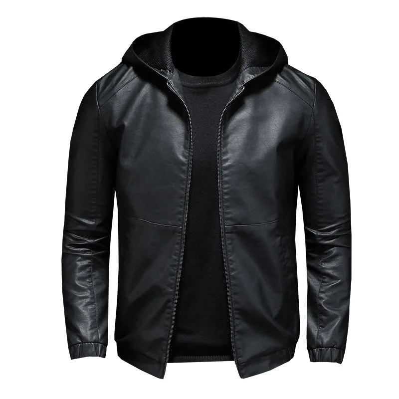 New Autumn Winter Men's Fleece Leather Jackets Casual Warm Windbreaker Hooded Coats Men Motorcycle PU Leather Jackets Streetwear
