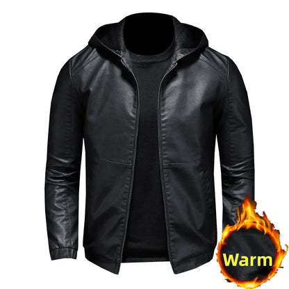 New Autumn Winter Men's Fleece Leather Jackets Casual Warm Windbreaker Hooded Coats Men Motorcycle PU Leather Jackets Streetwear