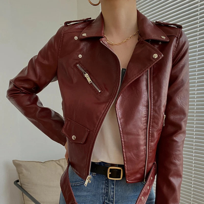 New Leather Jacket Women's Fashion Autumn PU Slim Fit Artificial Leather Motorcycle Coat Black Red Leather Jacket Women