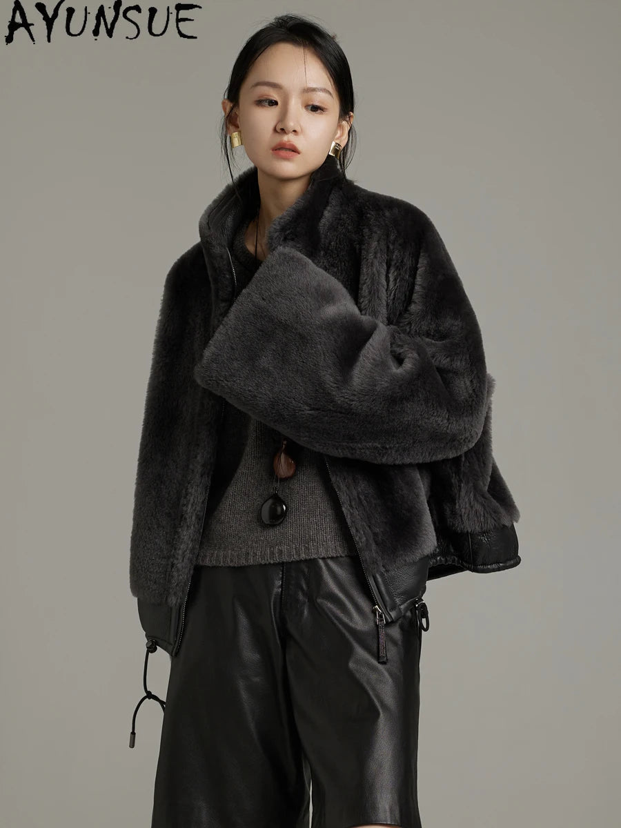 AYUNSUE Natural Sheepskin Fur Coat Women Stand Collar Real Leather Jacket Winter Jackets Luxury Clothing Female Шуба Женская