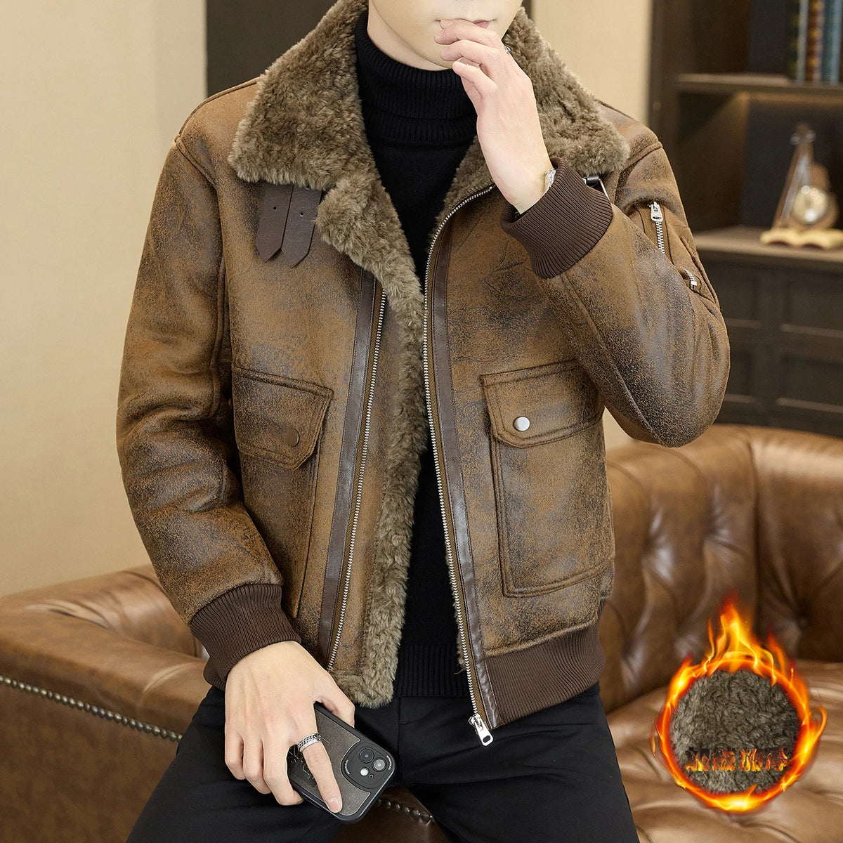 2025 Winter Fur Integrated Leather Jacket Men Thick Velvet Imitation Fur Leather Coat Loose Motorcycle Coat Casual Streetwear