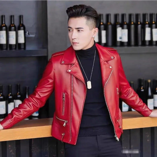 Printed Leather Jacket for Men in Spring Autumn with Lapel Zipper Trend Fashion Loose Casual Pu Leather Jacket
