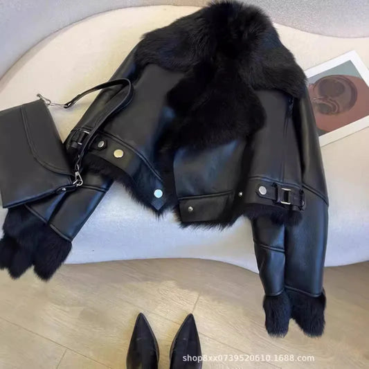 Faux PU Leather Coats Women Fur Collar Coat Thick Warm Short Jackets Spring Streetwear Button Open Stitch Jacket Autumn Winter