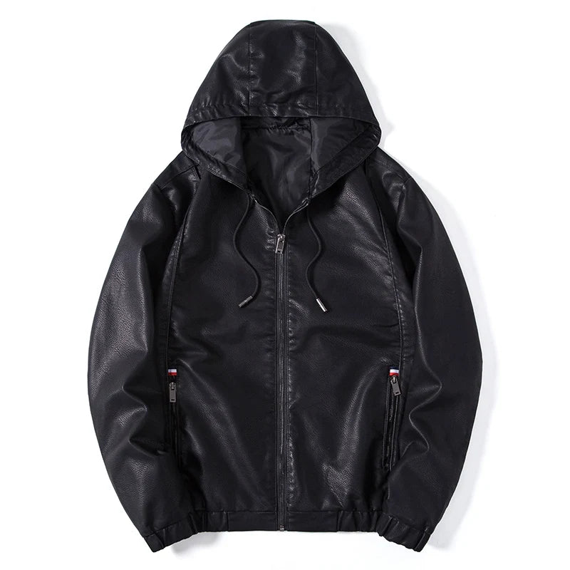 Hooded Leather Jacket Men Black Leather Jacke Hooded Lighweight Motorcycle Jacket Men Fashion Clothing New Mens High Quality
