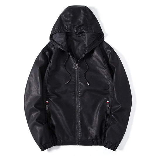 Hooded Leather Jacket Men Black Leather Jacke Hooded Lighweight Motorcycle Jacket Men Fashion Clothing New Mens High Quality