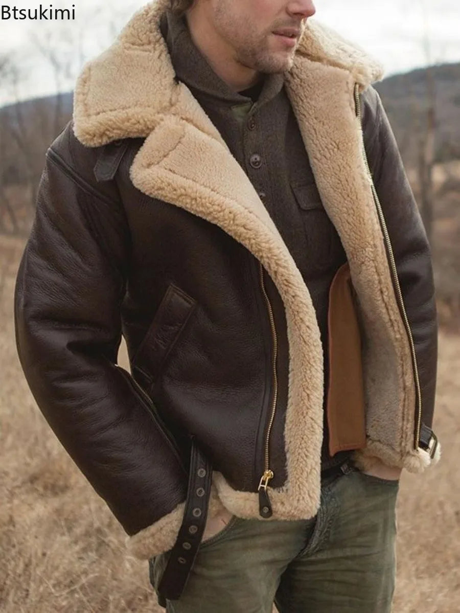2026 Men's Winter Plush Leather Jacket Fashion Integrated Fur Thickened Warm Long Sleeve Cardigan Coats Leisure Versatile Jacket