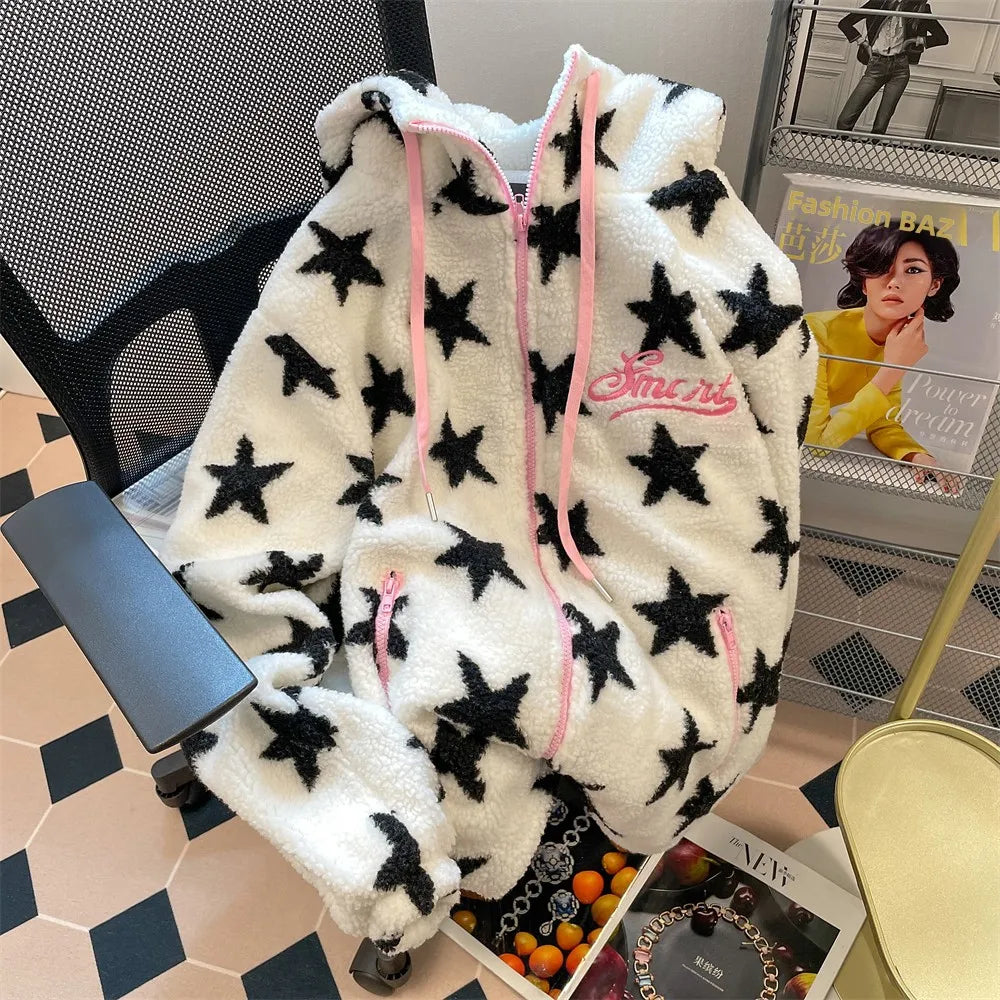Retro American Lamb Fur Jacket Women's Autumn Winter Loose Thickened Fleece Casual Cotton Coat Trendy Street Style
