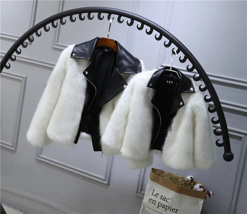Kids Faux Fox Fur Jacket Short Thickened Biker Coat Leather & Fur Blend Outerwear for Boys Girls
