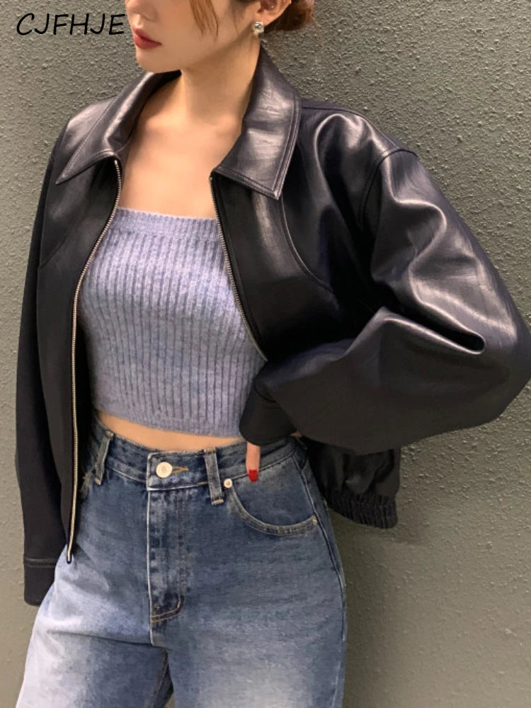 CJFHJE Fashion Trench Leather Jackets Women Streetwear Moto Biker Zipper Leather Jacket Casual High Street Cropped Leather Coats