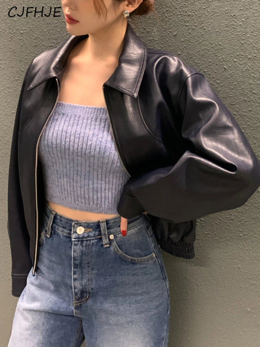 CJFHJE Fashion Trench Leather Jackets Women Streetwear Moto Biker Zipper Leather Jacket Casual High Street Cropped Leather Coats