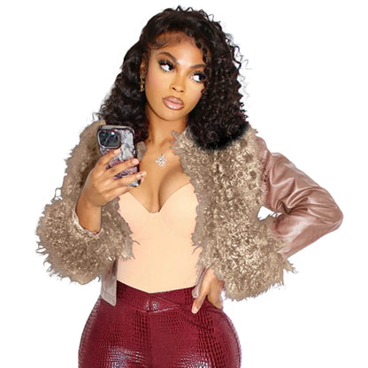 Autumn Winter PU Leather Cropped Jacket with Faux Fur Collar Women Casual Long Sleeve Buckle Coats New Fashion Female Streetwear