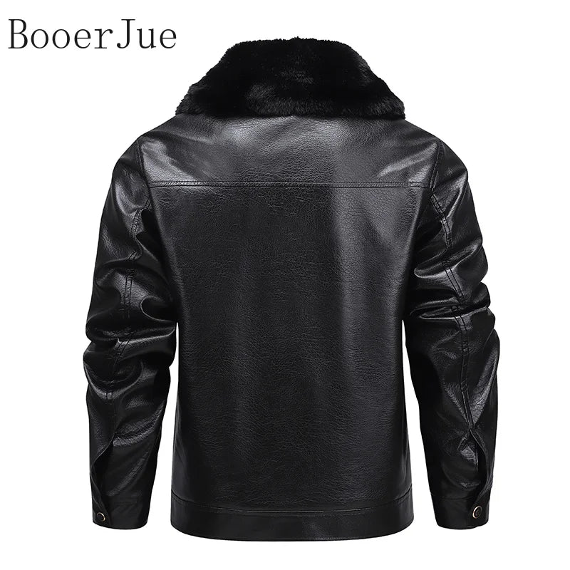 Motorcycle Leather Coat Outwear Casual Streetwear Fur Collar Men Faux Leather Jacket Winter Fleece Lined Biker Jackets Fashion