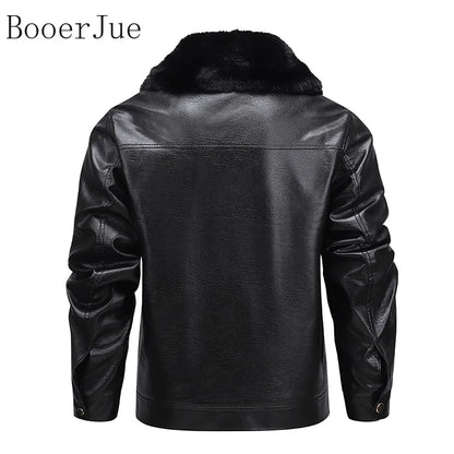 Motorcycle Leather Coat Outwear Casual Streetwear Fur Collar Men Faux Leather Jacket Winter Fleece Lined Biker Jackets Fashion
