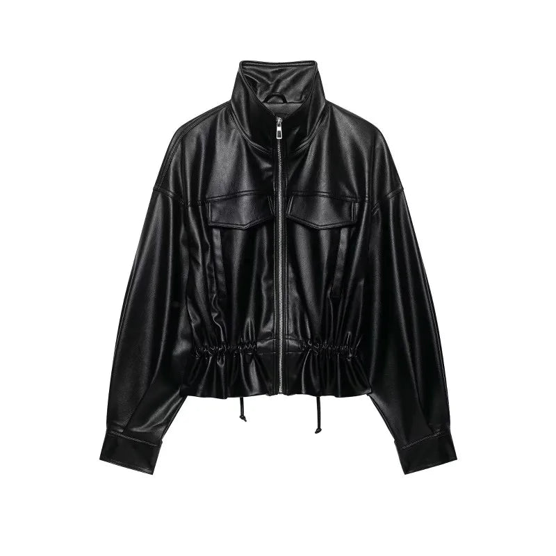 Women's Faux Leather Jacket with Adjustable Waist, Zip Front Short Coat, Retro Biker Style Outerwear for Fall