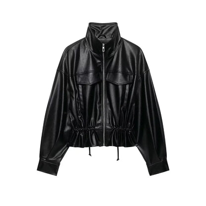 Women's Faux Leather Jacket with Adjustable Waist, Zip Front Short Coat, Retro Biker Style Outerwear for Fall