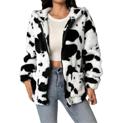 Faux Fur Jacket 2025 Autumn and Winter Printed Casual Zipper Women's Warm Jacket