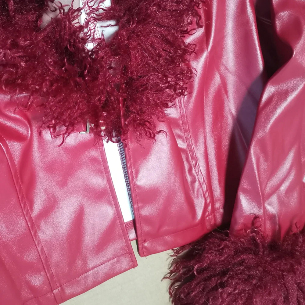 Autumn Winter PU Leather Cropped Jacket with Faux Fur Collar Women Casual Long Sleeve Buckle Coats New Fashion Female Streetwear