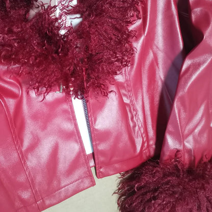 Autumn Winter PU Leather Cropped Jacket with Faux Fur Collar Women Casual Long Sleeve Buckle Coats New Fashion Female Streetwear