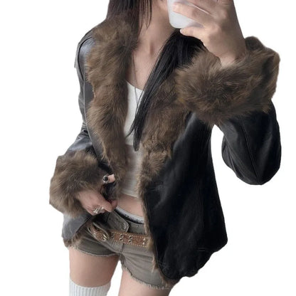 American 2024 Winter New Fur Collar Spliced Leather Jacket Street Hot Girl Fashion Slim and Warm Jacket