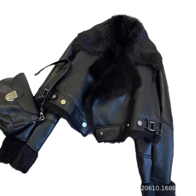 Faux PU Leather Coats Women Fur Collar Coat Thick Warm Short Jackets Spring Streetwear Button Open Stitch Jacket Autumn Winter