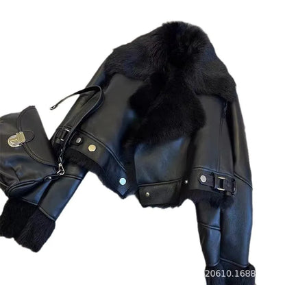 Faux PU Leather Coats Women Fur Collar Coat Thick Warm Short Jackets Spring Streetwear Button Open Stitch Jacket Autumn Winter