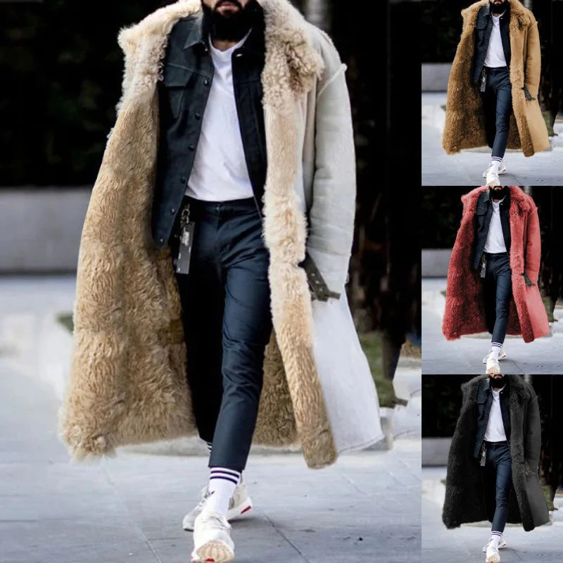 Mens Faux Leather Fur Coat Long Length Jacket 4 Colors 8 Sizes Winter Warm Parka Outerwear Hot Sale