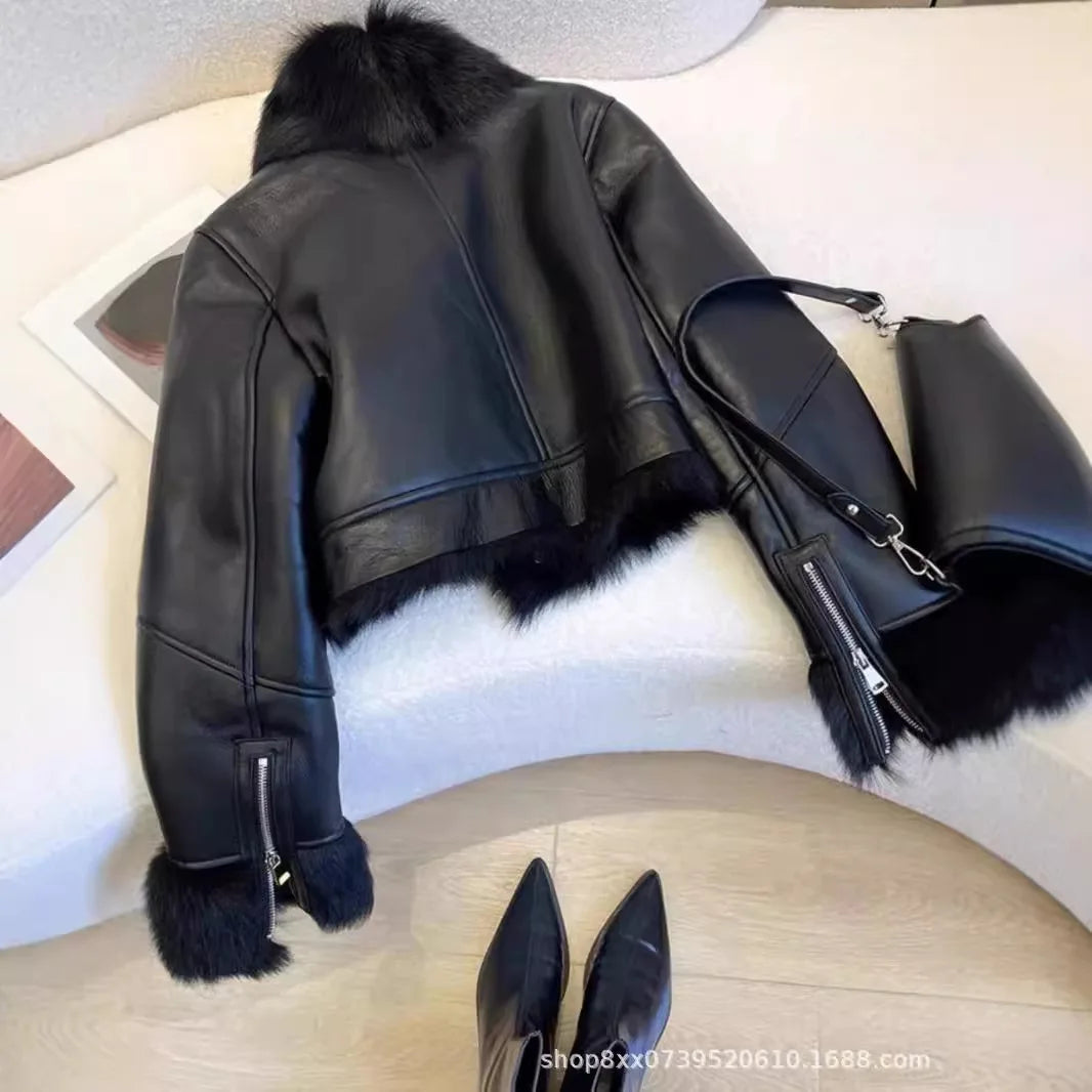 Faux PU Leather Coats Women Fur Collar Coat Thick Warm Short Jackets Spring Streetwear Button Open Stitch Jacket Autumn Winter