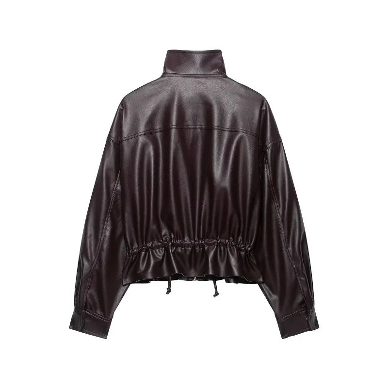 Women's Faux Leather Jacket with Adjustable Waist, Zip Front Short Coat, Retro Biker Style Outerwear for Fall