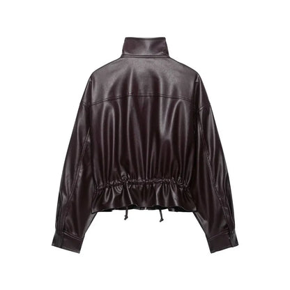 Women's Faux Leather Jacket with Adjustable Waist, Zip Front Short Coat, Retro Biker Style Outerwear for Fall