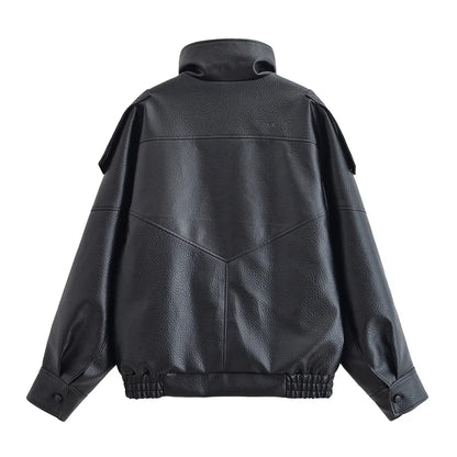 Women's Jacket 2026 Autunm  New Black Long Sleeve Pebble Faux Leather Jacket Motorcycle Style Personality Fashion