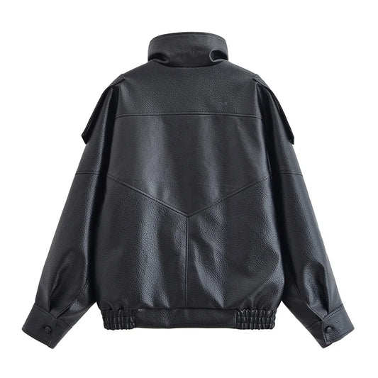 Women's Jacket 2026 Autunm  New Black Long Sleeve Pebble Faux Leather Jacket Motorcycle Style Personality Fashion