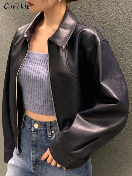 CJFHJE Fashion Trench Leather Jackets Women Streetwear Moto Biker Zipper Leather Jacket Casual High Street Cropped Leather Coats