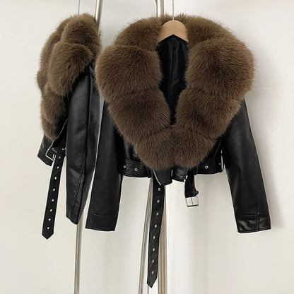 Fur Coat Eco-friendly Long Sleeve Autumn Faux Leather Jacket Short Clothing Female Spring New PU Fur Jacket Artificial Pockets
