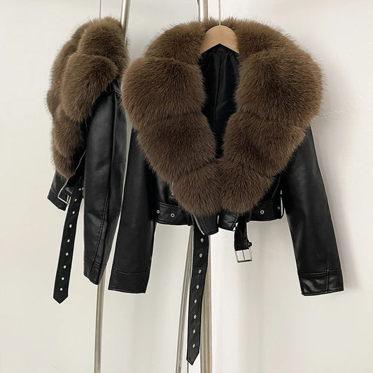 Fur Coat Eco-friendly Long Sleeve Autumn Faux Leather Jacket Short Clothing Female Spring New PU Fur Jacket Artificial Pockets
